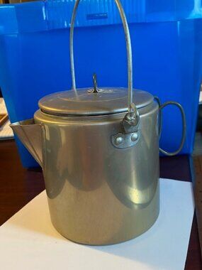 Vintage Camping Coffee Pot Aluminum With Double Ring Handle Lid And Hanging Hoop